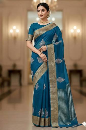 aqua blue organza embroidered saree