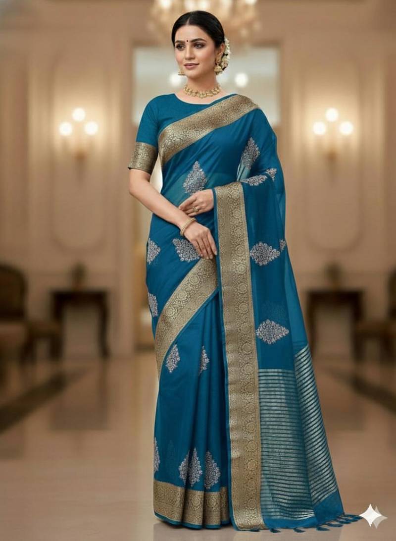 aqua blue organza embroidered saree