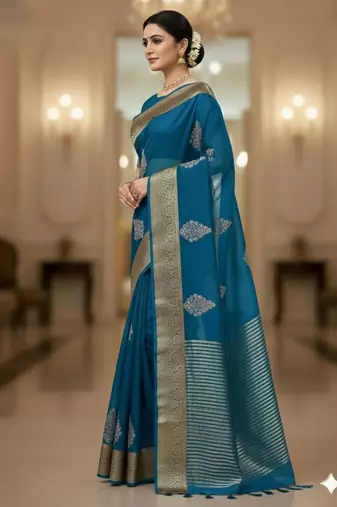aqua blue organza embroidered saree