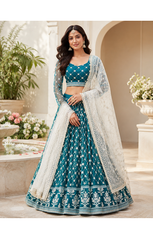 Teal Blue Embroidered Net Lehenga Choli Festival Wear Collection 1