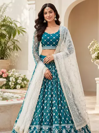 Teal Blue Embroidered Net Lehenga Choli Festival Wear Collection