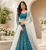 Teal Blue Embroidered Net Lehenga Choli Festival Wear Collection