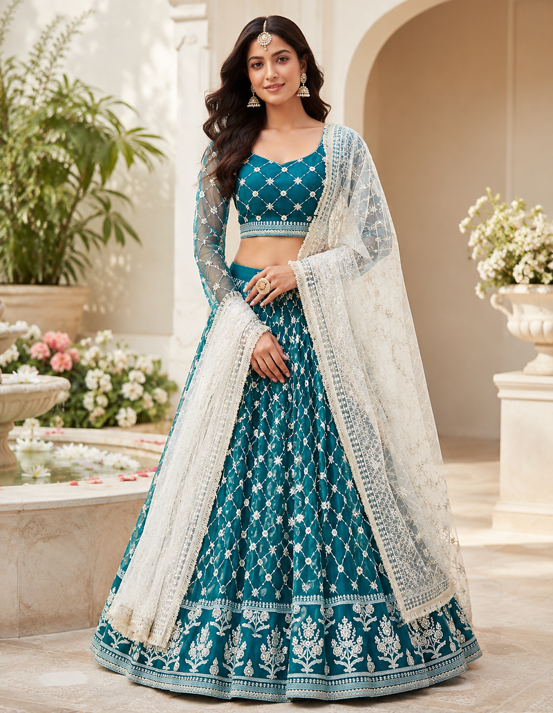 Teal Blue Embroidered Net Lehenga Choli Festival Wear Collection