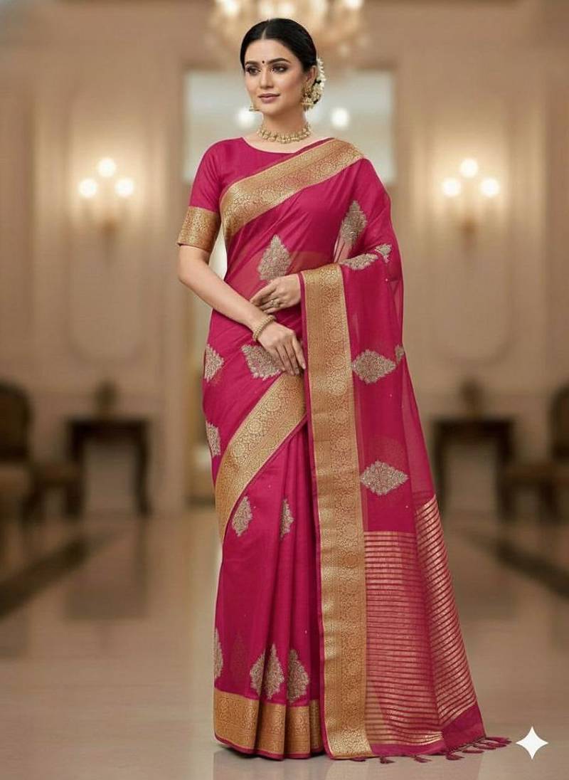 pink organza embroidered saree