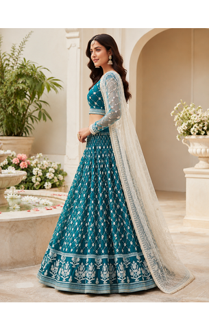 Teal Blue Embroidered Net Lehenga Choli Festival Wear Collection 2