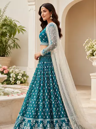 Teal Blue Embroidered Net Lehenga Choli Festival Wear Collection