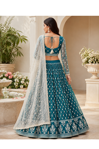 Teal Blue Embroidered Net Lehenga Choli Festival Wear Collection 3