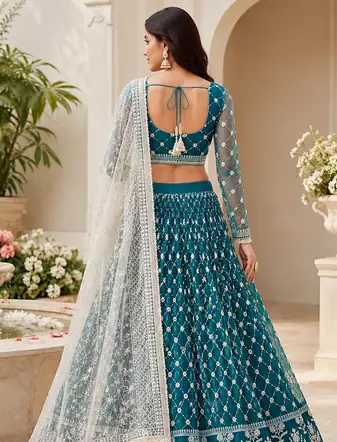 Teal Blue Embroidered Net Lehenga Choli Festival Wear Collection
