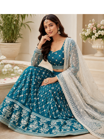 Teal Blue Embroidered Net Lehenga Choli Festival Wear Collection 4