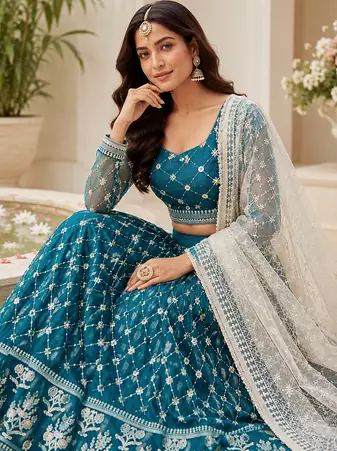 Teal Blue Embroidered Net Lehenga Choli Festival Wear Collection