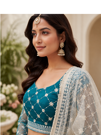 Teal Blue Embroidered Net Lehenga Choli Festival Wear Collection 5