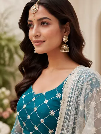Teal Blue Embroidered Net Lehenga Choli Festival Wear Collection