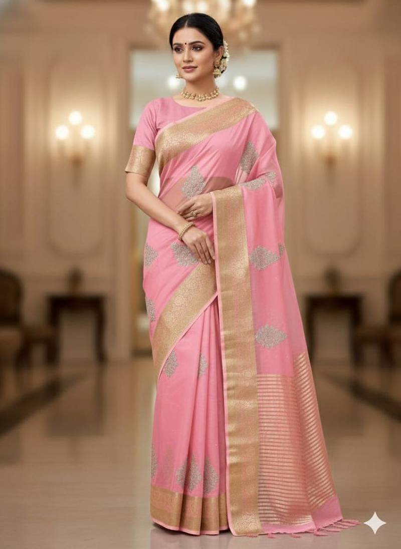 light pink organza embroidered saree