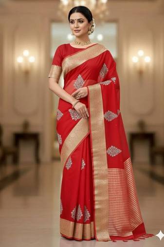 red organza embroidered saree