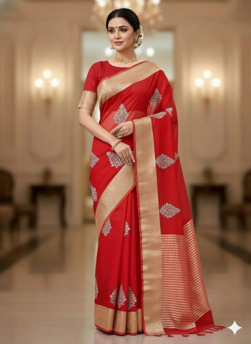 red organza embroidered saree