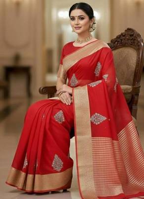 red organza embroidered saree 2