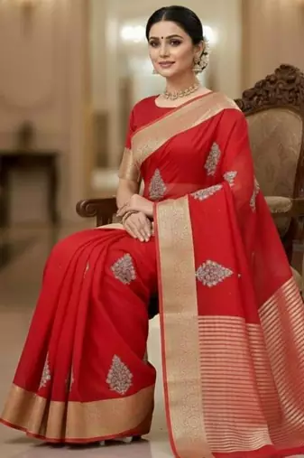 red organza embroidered saree