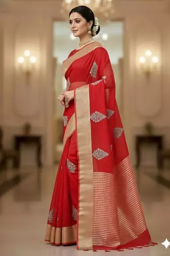 red organza embroidered saree