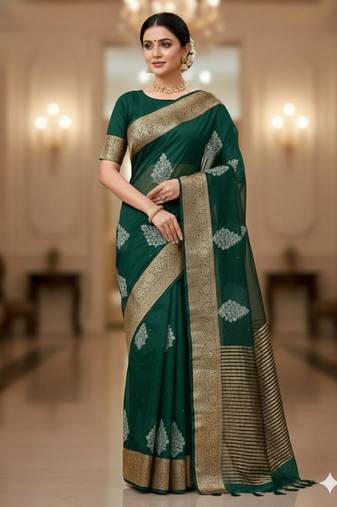green organza embroidered saree