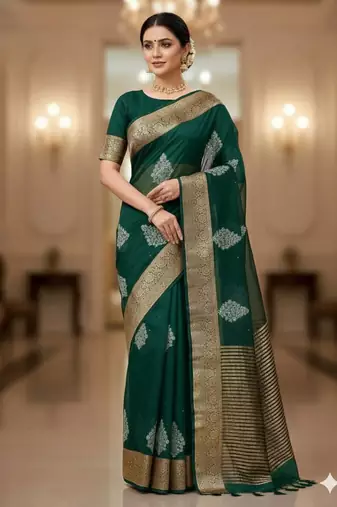 green organza embroidered saree