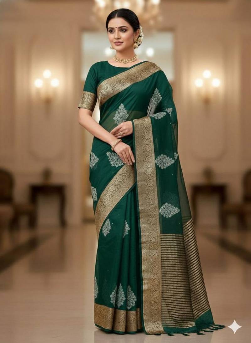 green organza embroidered saree
