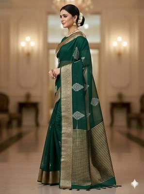 green organza embroidered saree 2