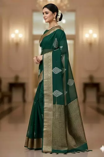 green organza embroidered saree