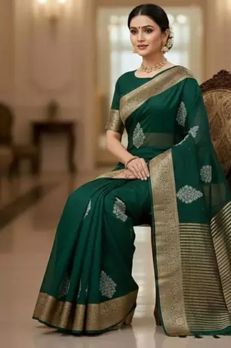 green organza embroidered saree