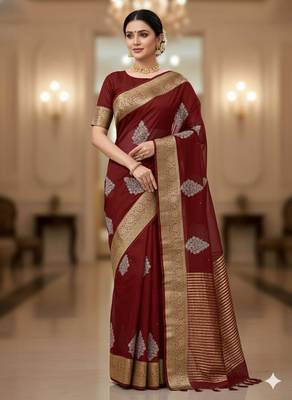 maroon organza embroidered saree 1