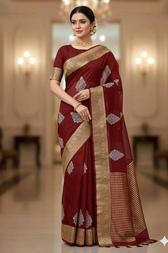 maroon organza embroidered saree