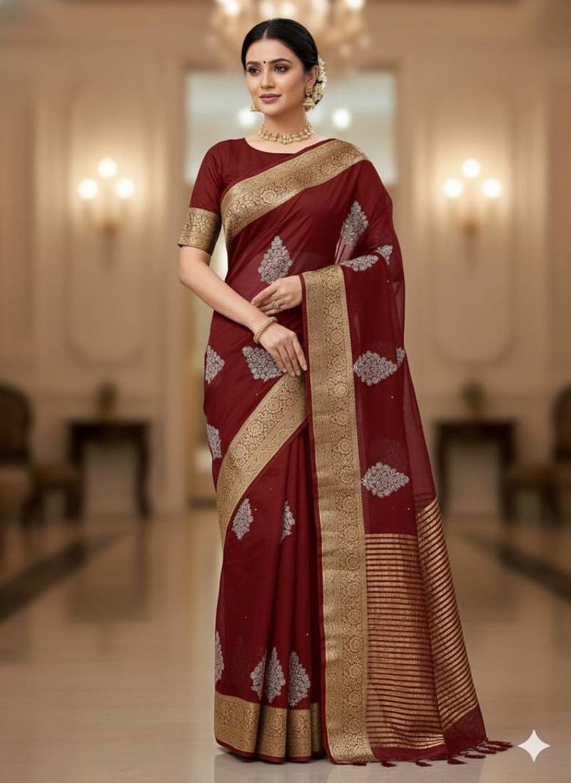 maroon organza embroidered saree
