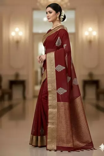 maroon organza embroidered saree
