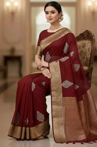 maroon organza embroidered saree