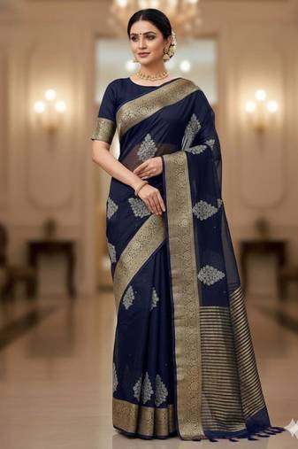 navy blue organza embroidered saree