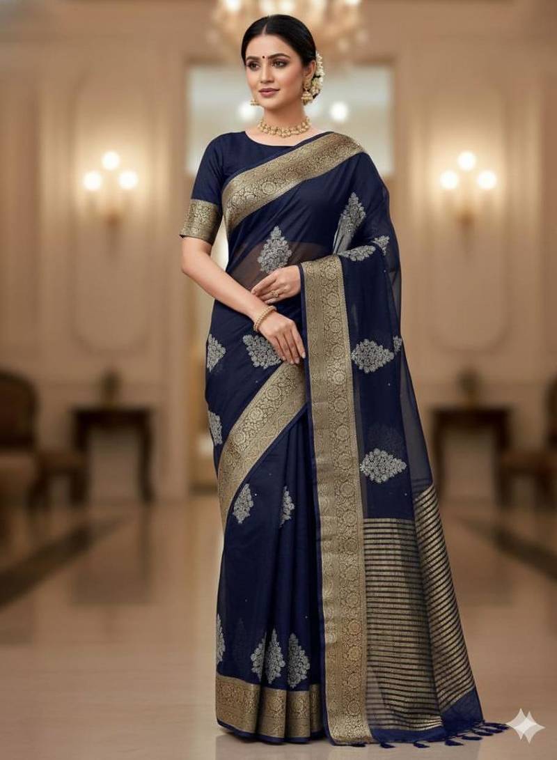 navy blue organza embroidered saree