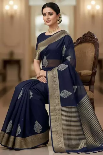 navy blue organza embroidered saree