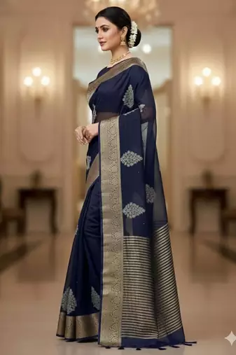 navy blue organza embroidered saree