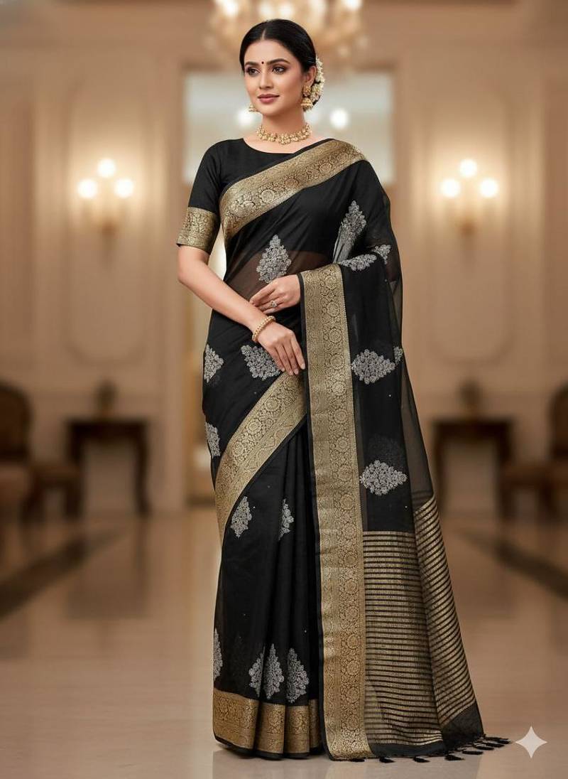 black organza embroidered saree