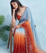 sky blue-orange satin silk blend pedding multi sequin embroidered saree with blouse