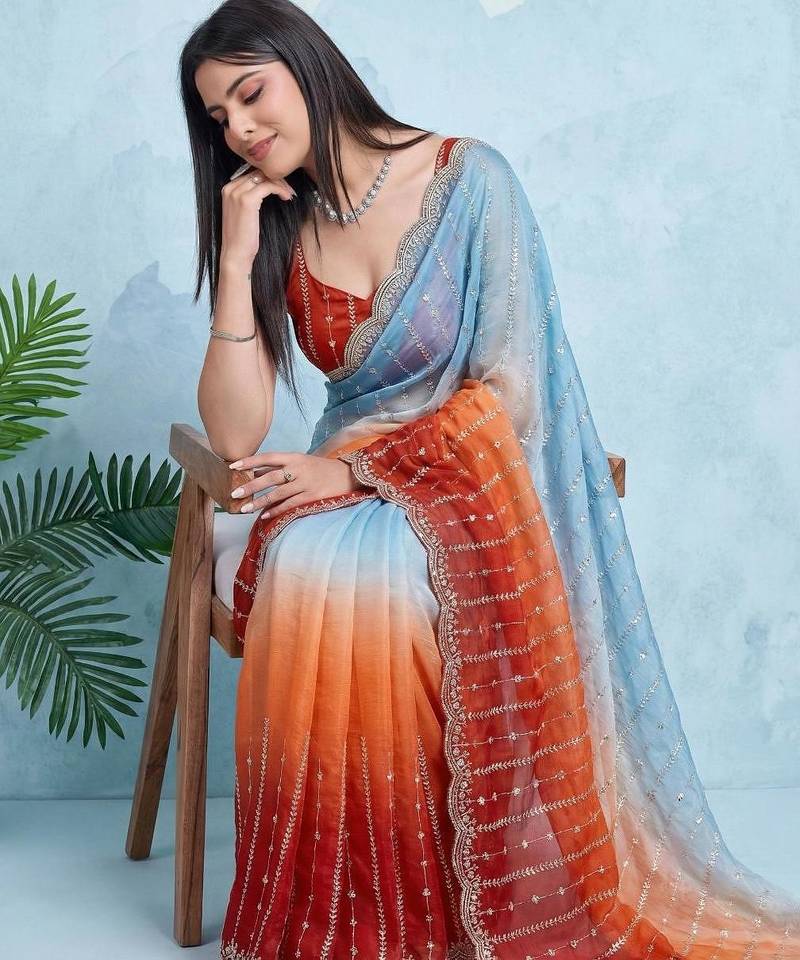 sky blue-orange satin silk blend pedding multi sequin embroidered saree with blouse