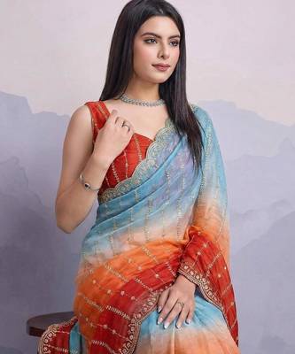 sky blue-orange satin silk blend pedding multi sequin embroidered saree with blouse 2