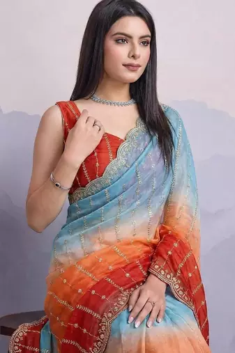 sky blue-orange satin silk blend pedding multi sequin embroidered saree with blouse