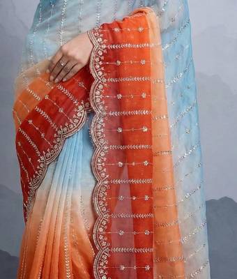 sky blue-orange satin silk blend pedding multi sequin embroidered saree with blouse 3