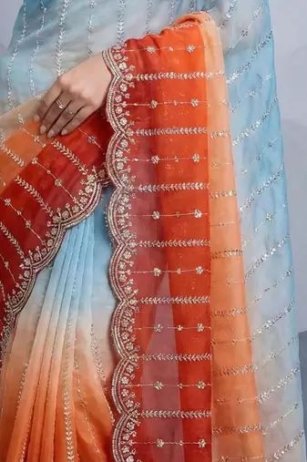 sky blue-orange satin silk blend pedding multi sequin embroidered saree with blouse