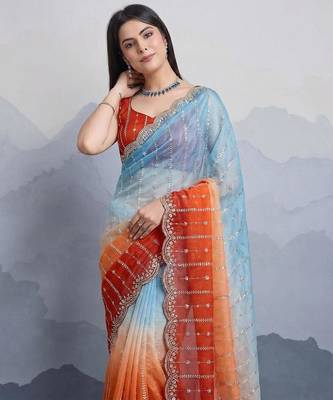 sky blue-orange satin silk blend pedding multi sequin embroidered saree with blouse 4