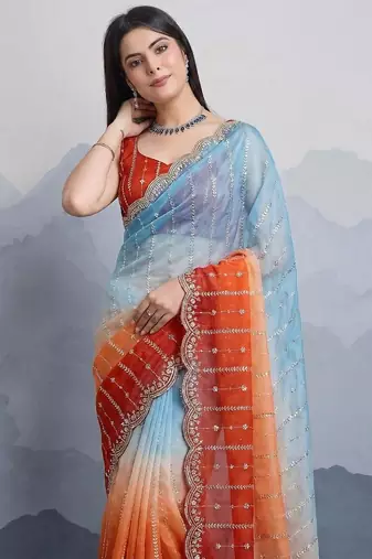 sky blue-orange satin silk blend pedding multi sequin embroidered saree with blouse