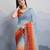 sky blue-orange satin silk blend pedding multi sequin embroidered saree with blouse
