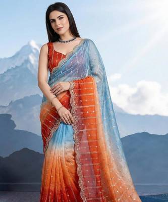 sky blue-orange satin silk blend pedding multi sequin embroidered saree with blouse 5
