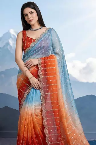 sky blue-orange satin silk blend pedding multi sequin embroidered saree with blouse