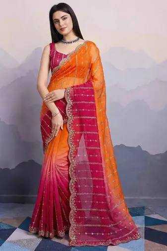 orange satin silk blend sequin embroidered saree with blouse